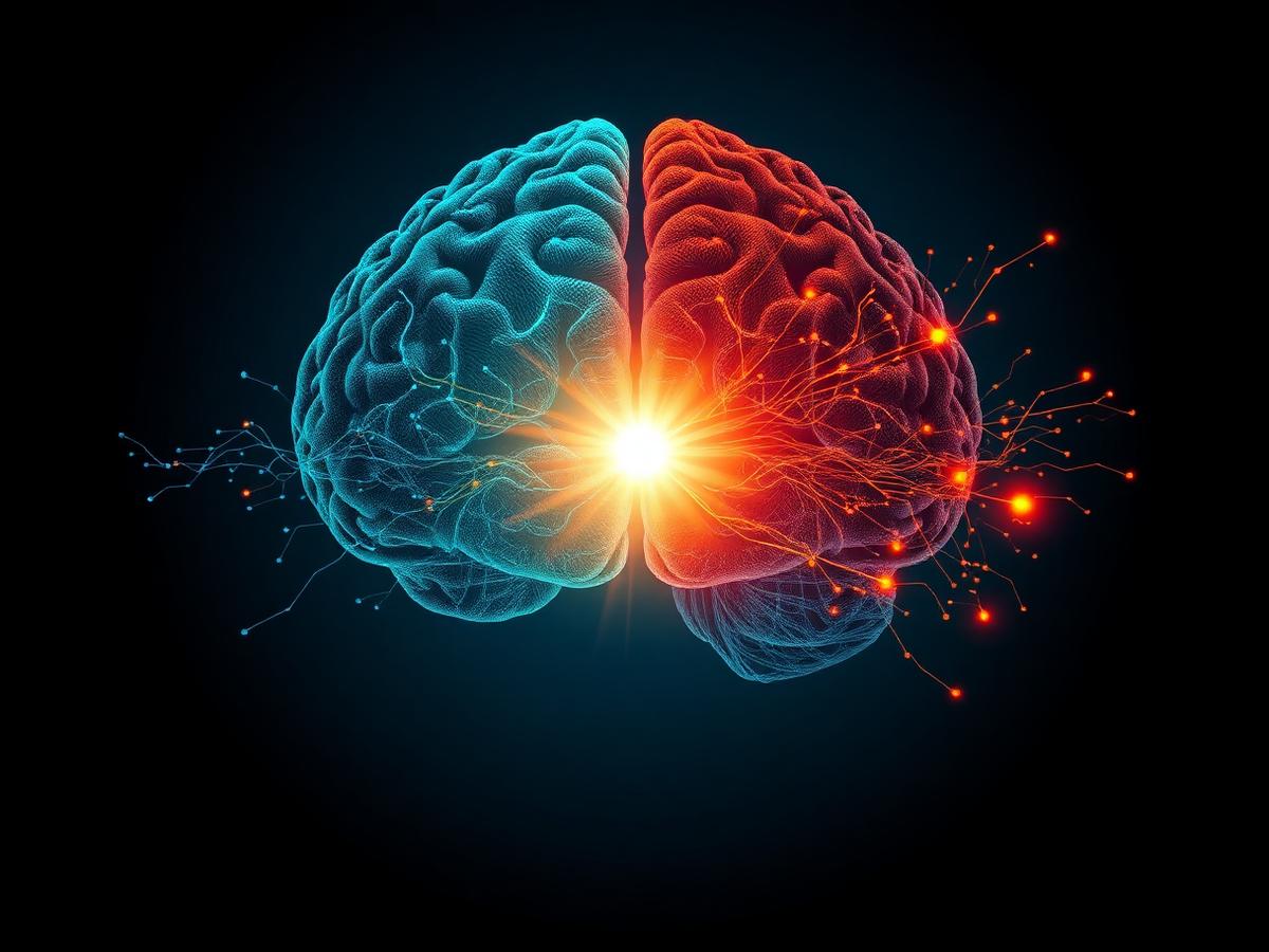 Illustration of a brain split between calm focus and overstimulated dopamine circuitry